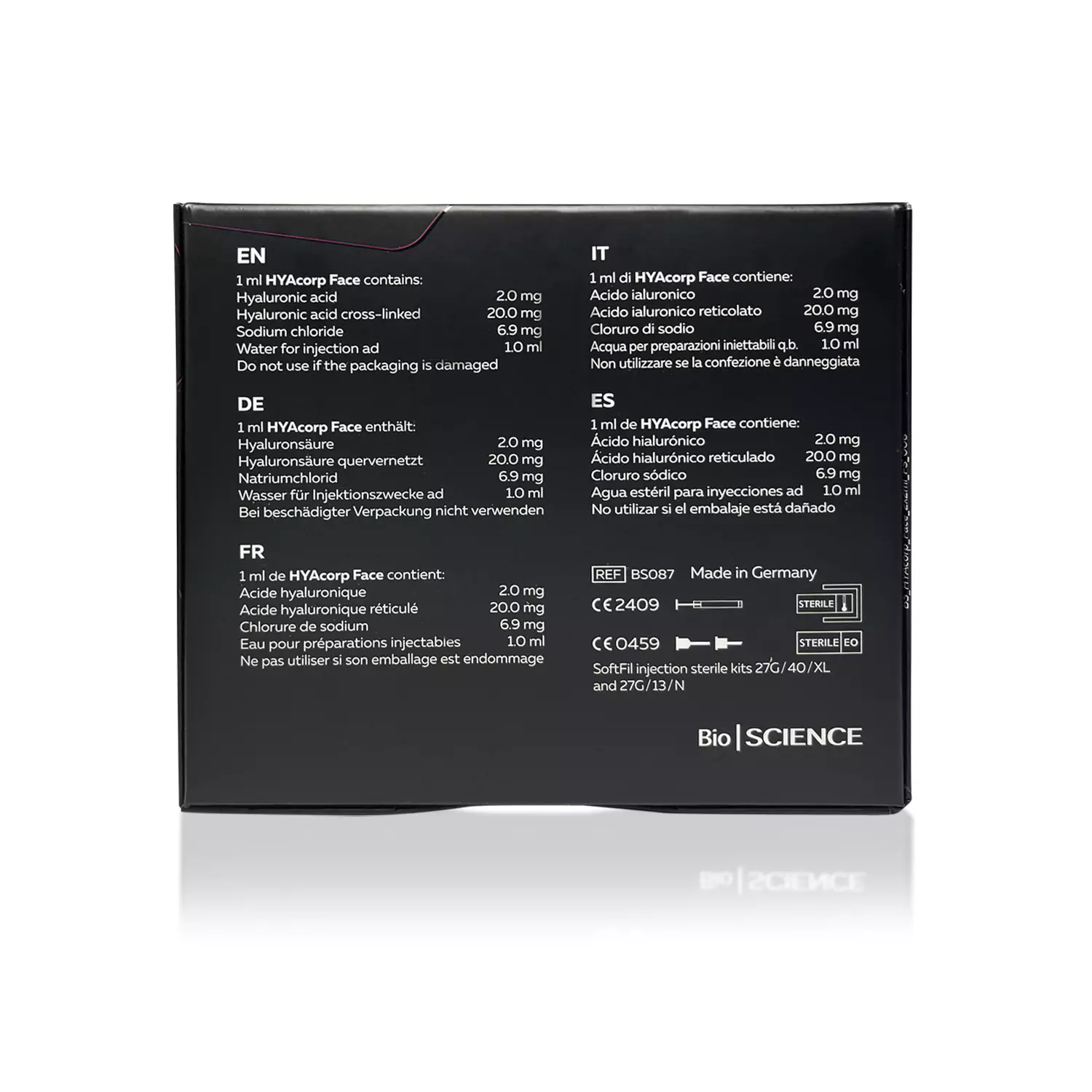 A black box displaying product information for HYACORP FACE®. The text includes details in multiple languages (English, German, French, Italian, and Spanish) regarding the contents of the product. The package indicates it's made in Germany and includes safety and usage information.