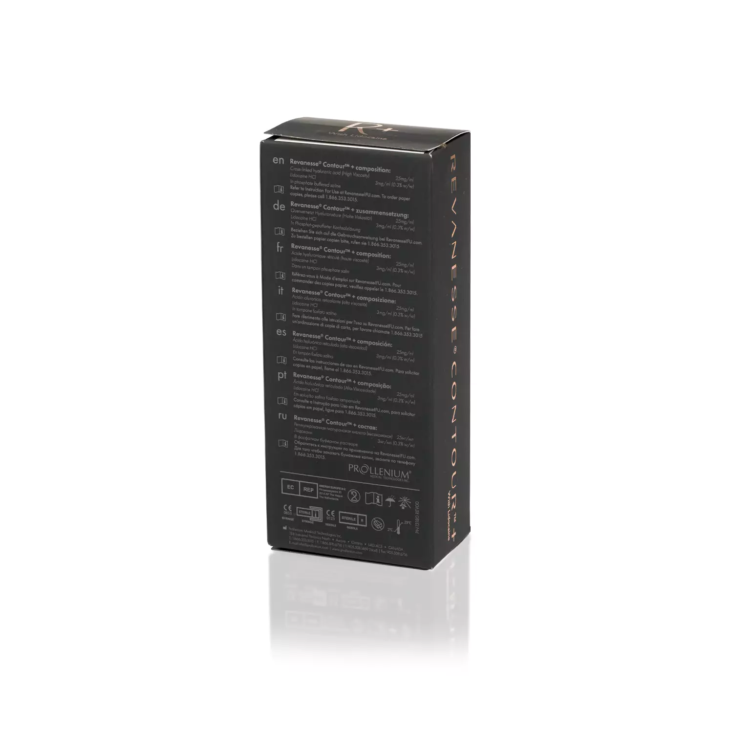 A tall, rectangular black box with gold text. The side panel displays a multilingual list of product details for "REVANESSE® CONTOUR™ with Lidocaine" in various languages. The bottom portion includes certification logos and a product logo for "Prollenium," all on a white background.