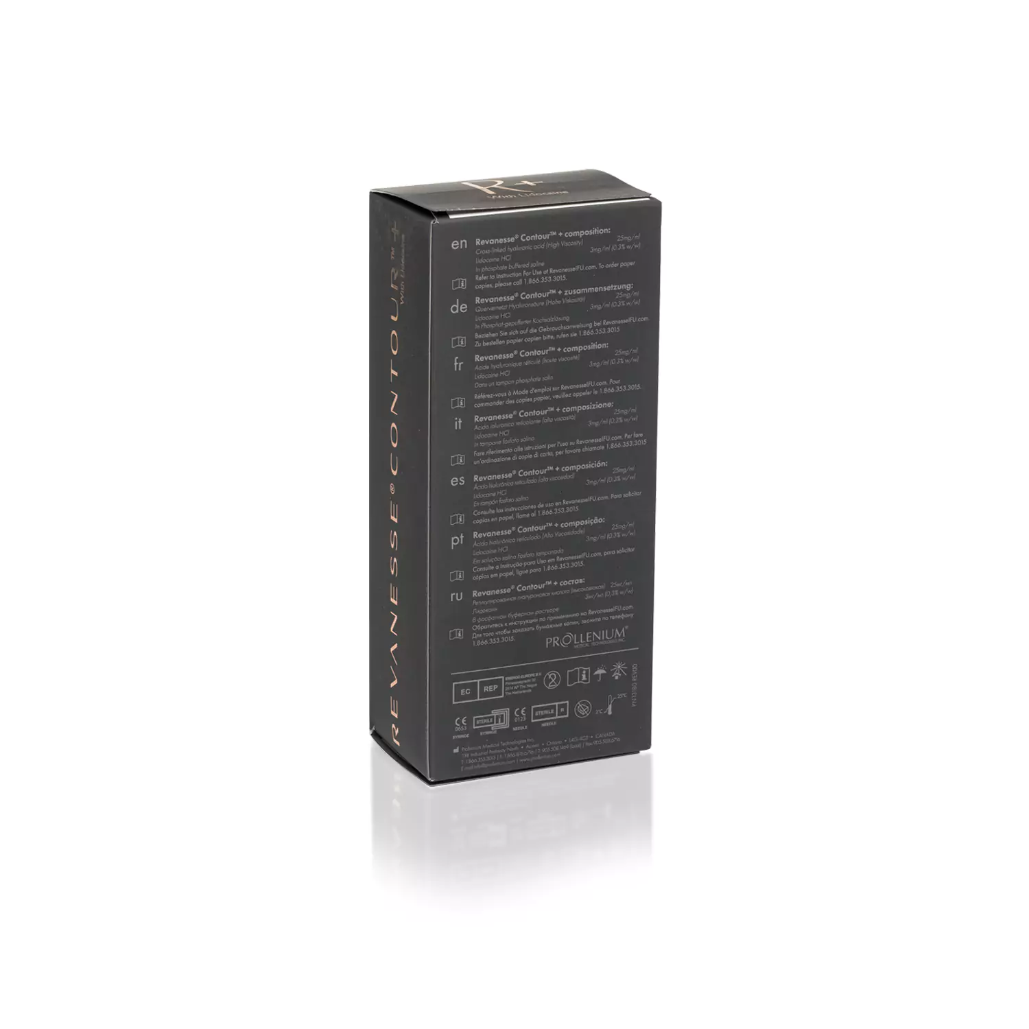 A black rectangular REVANESSE® CONTOUR™ with Lidocaine box standing vertically on a white background. The box has multiple lines of text in various languages and a logo or brand name at the top. The sides of the box feature additional text and symbols related to the product.