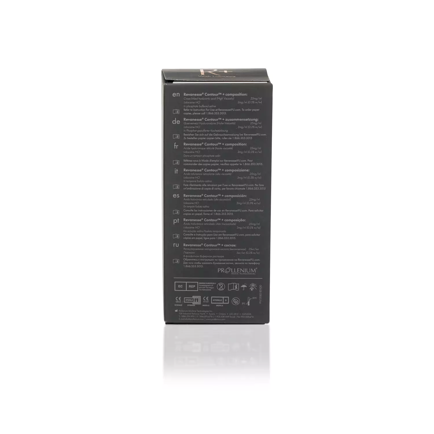 A black rectangular box shown standing vertically. The packaging displays product instructions and safety symbols in multiple languages including English, German, French, Spanish, and others. The text on the box is written in small, white or light-colored font. The box contains REVANESSE® CONTOUR™ with Lidocaine.