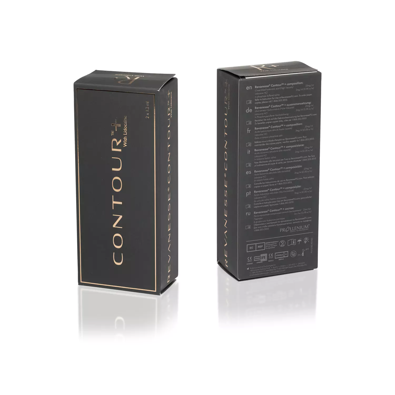 Two black rectangular product boxes with gold lettering, one facing forward and the other showing the back. The front of the box reads "REVANESSE® CONTOUR™ with Lidocaine," and the back contains detailed text, possibly instructions or ingredients, and various icons at the bottom.