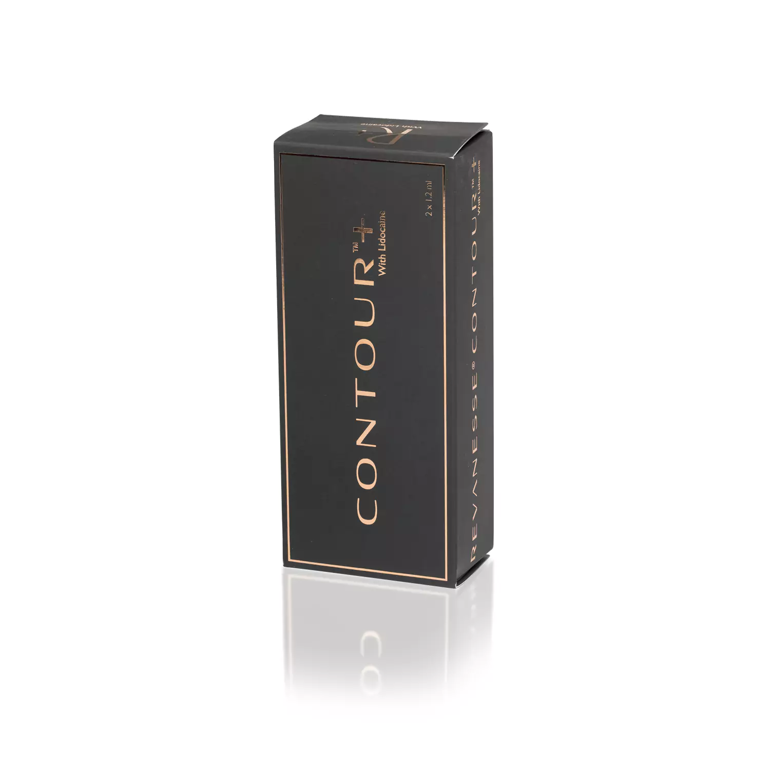 A sleek black box with gold lettering that reads "REVANESSE® CONTOUR™ with Lidocaine" in large font and other smaller text details, upright on a white background. The packaging has a luxurious appearance, likely containing a beauty or skincare product.