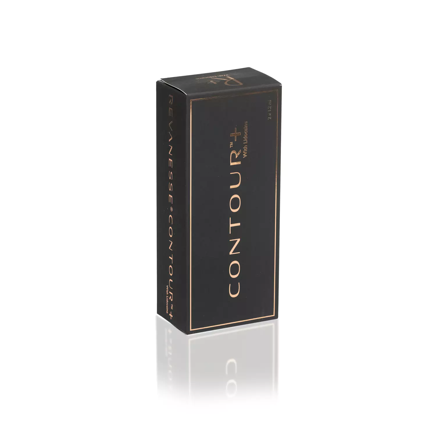 A sleek black REVANESSE® CONTOUR™ with Lidocaine packaging box. The box has gold lettering and design accents, with the brand name "REVANESSE® CONTOUR™ with Lidocaine" prominently displayed on the front. The box stands upright on a white reflective surface.