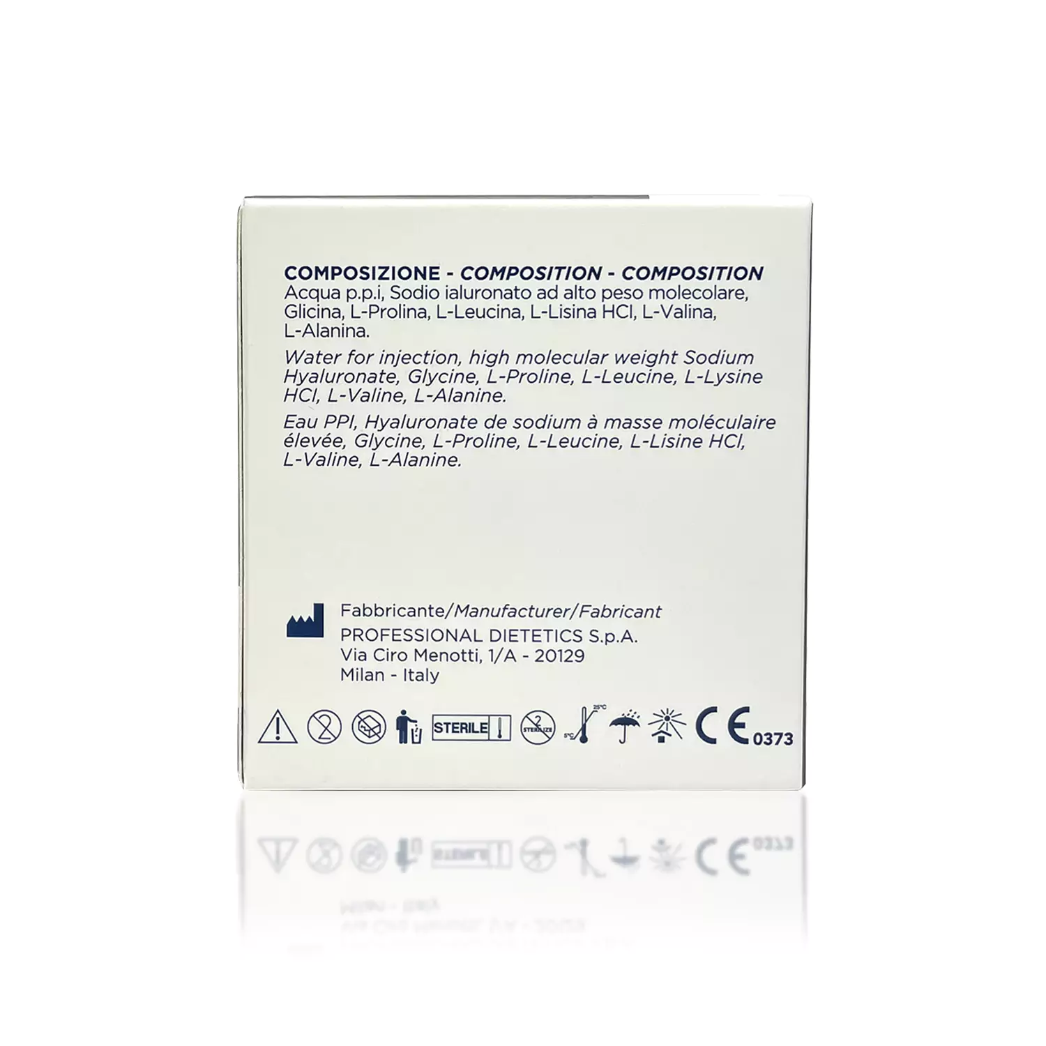 The image shows the back of a SUNEKOS® 1200 box detailing its composition. The text lists water for injection, high molecular weight sodium hyaluronate, glycine, L-proline, L-leucine, L-lysine HCl, L-valine, and L-alanine. Manufacturer details and various certification icons are also visible.