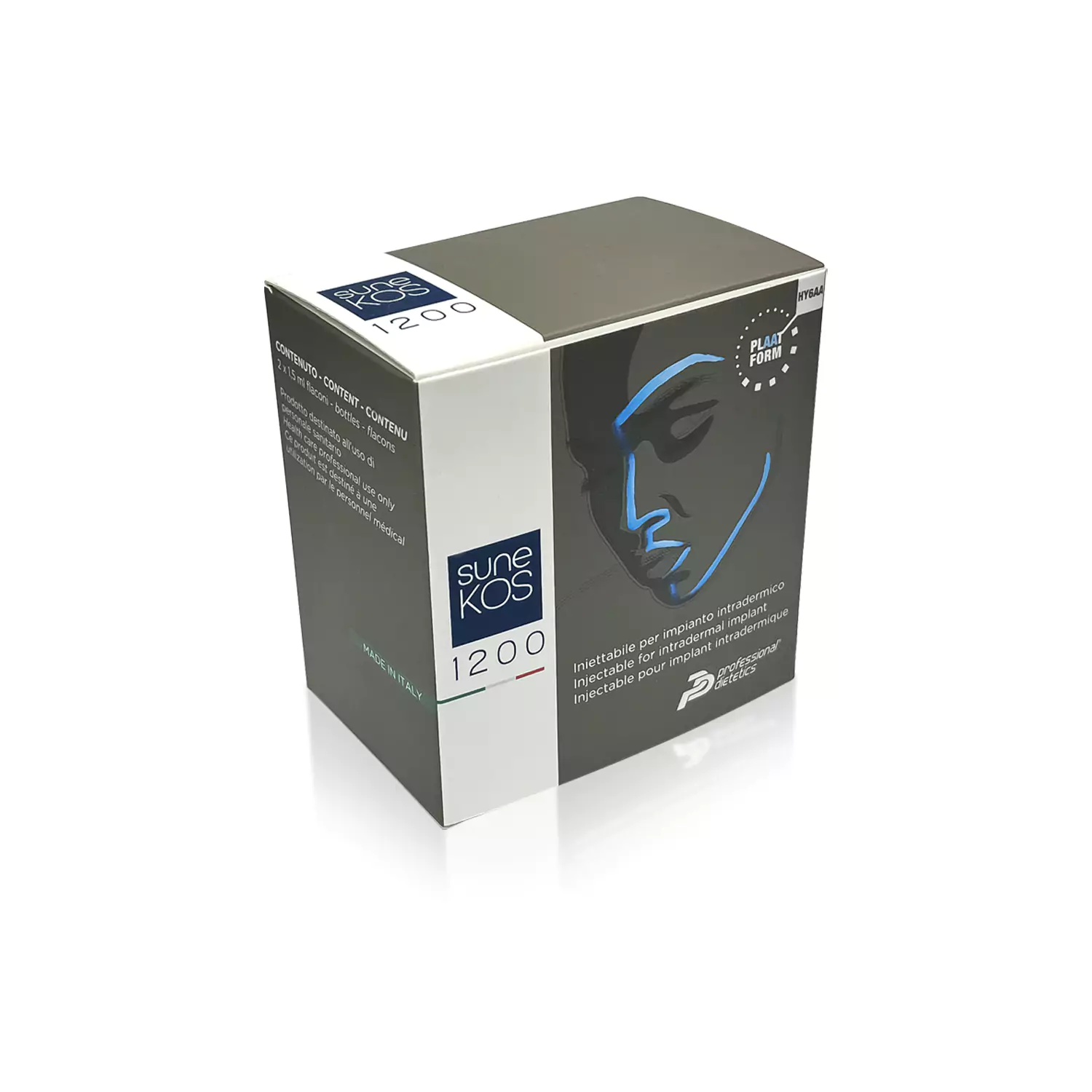 A box of SUNEKOS® 1200 with a dark, stylized face graphic on the front. The package has "1200" written in bold white text below "Sunekos" on a blue background. The box is primarily white with gray and blue accents, and various text detailing the product.