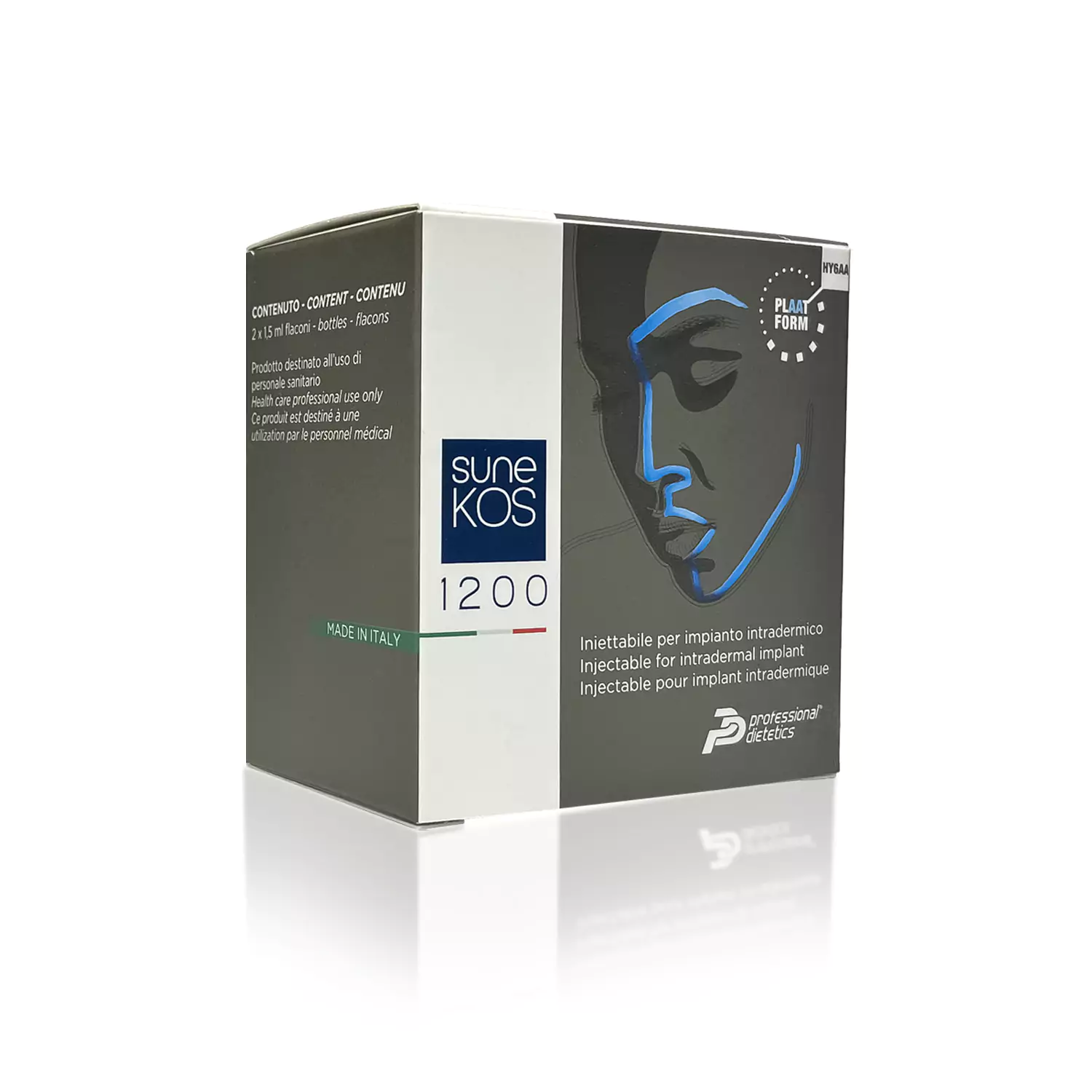 A reflective rectangular box of SUNEKOS® 1200 injectable product, with a white and dark grey design. Blue minimalist facial outline on the dark side, branding text on the white side. Text includes multilingual instructions. Made in Italy displayed.