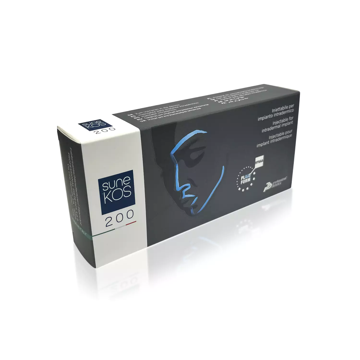 A rectangular box of SUNEKOS® 200. The packaging features a minimalist design with a blue outline of a person's face on a black background. Text detailing the product's name and information is displayed on the side and front of the box.