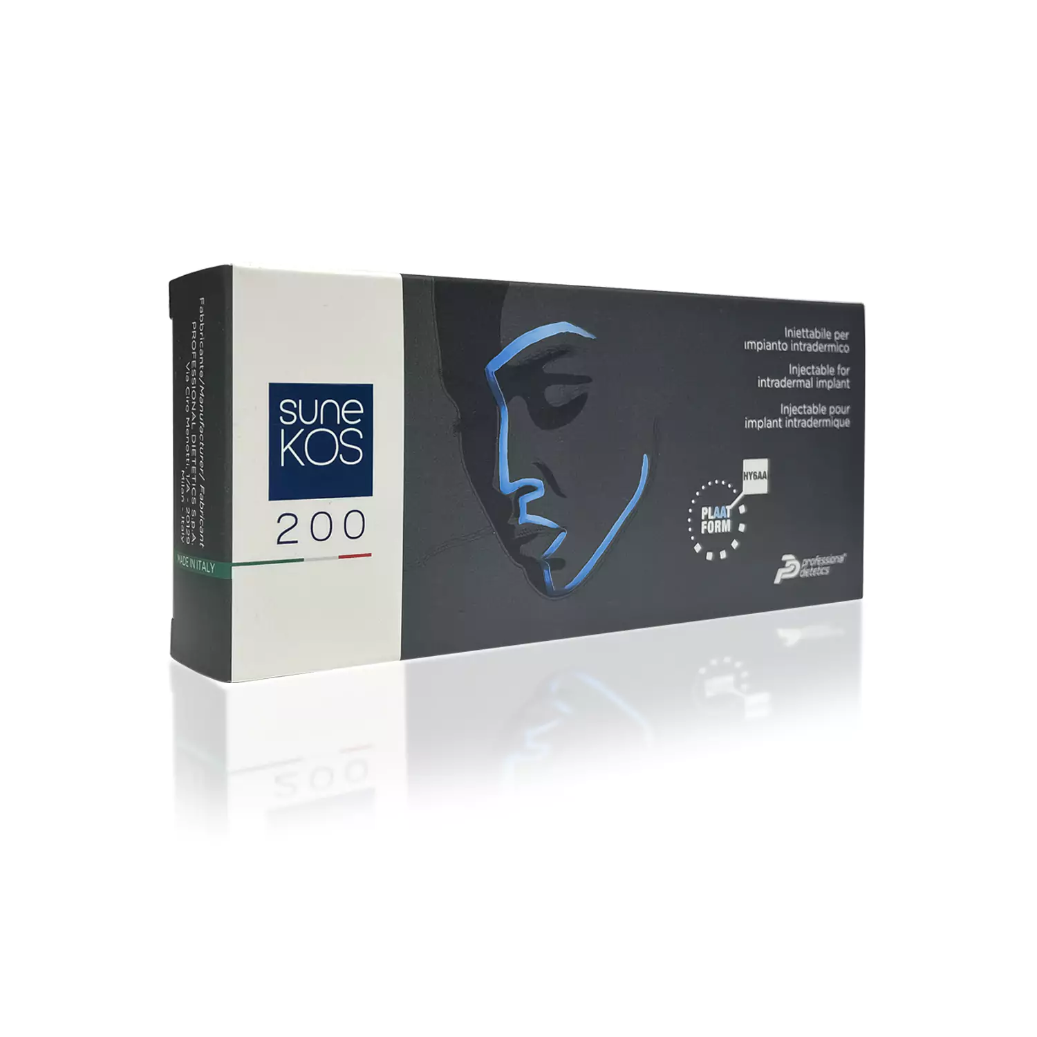 A rectangular white and dark gray box with blue and red accents labeled "SUNEKOS® 200." It features a stylized face profile in blue and white lines on the front. Text in multiple languages indicates it is an injectable product for skin use.