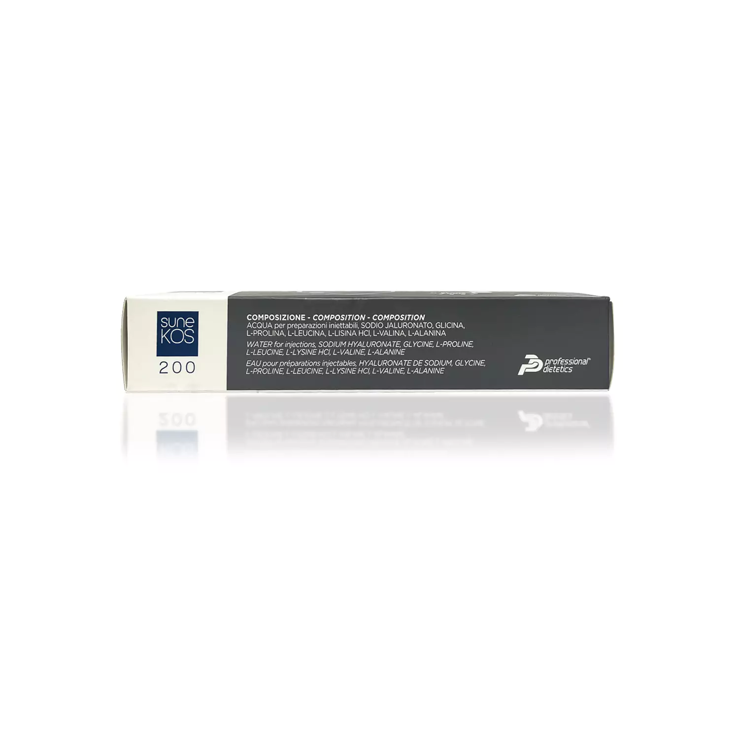A rectangular white and gray box labeled "SUNEKOS® 200" featuring Italian and English text describing its composition, which includes hyaluronic acid and amino acids. The box also displays the Professional Dietetics logo on the right-hand side.