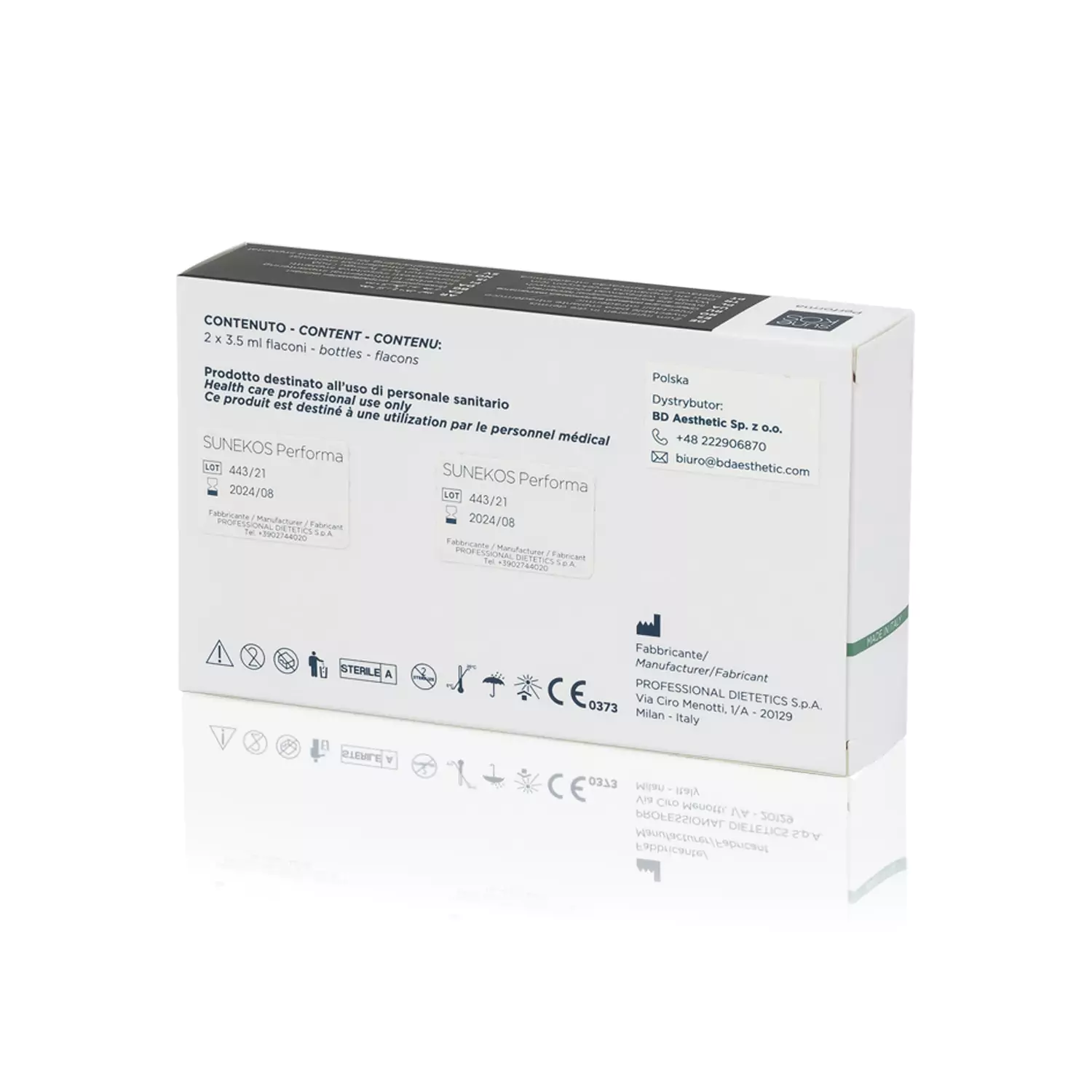A white box of SUNEKOS® PERFORMA, viewed from the back, displaying product content information, safety symbols, manufacturer details, and distribution information. There are barcodes and labels indicating medical use and two vial units.