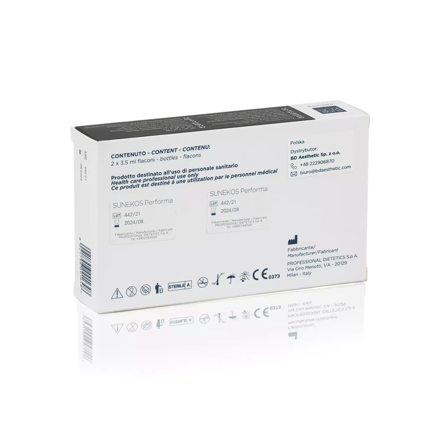 A white box labeled "SUNEKOS® PERFORMA" containing medical products. The box displays information in multiple languages, including the product description, manufacturer details, and regulatory symbols. The back of the box lists contents and contact details.