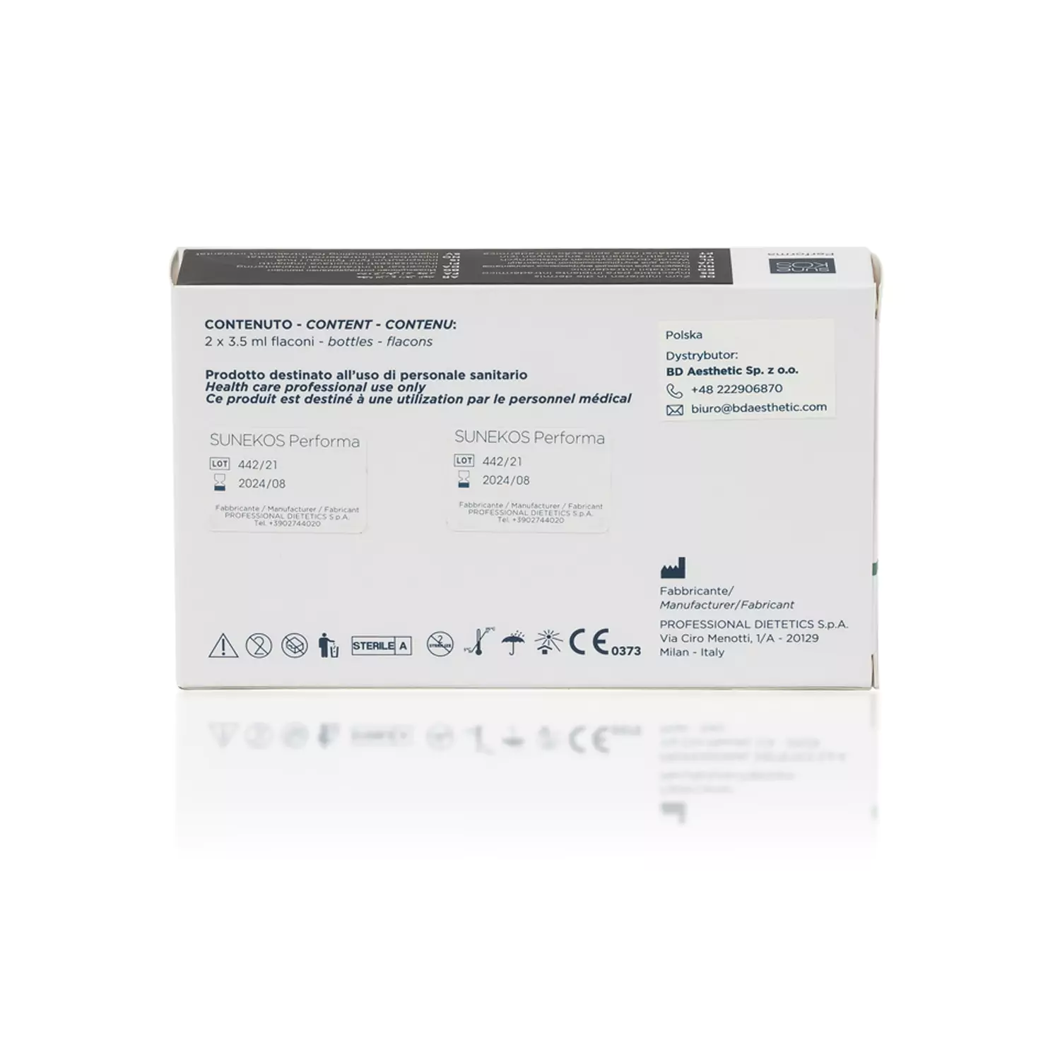 A white rectangular box with various information printed on it, including icons, barcodes, and text in multiple languages. The box is labeled "SUNEKOS® PERFORMA" and details the contents as "2 x 3.5 ml flacons." Contact information is also visible on the box.