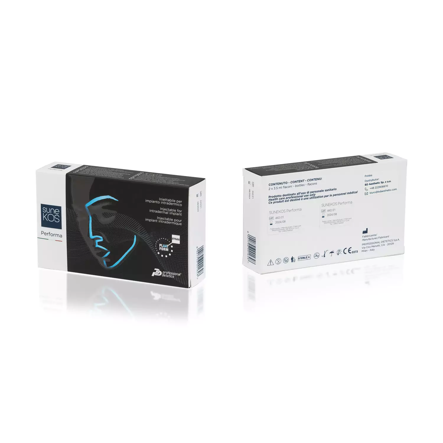Two boxes of SUNEKOS® PERFORMA are displayed. The front of one box features a stylized blue illustration of a woman's face on a black background. The back of the other box lists product details in multiple languages along with various certifications and logos.