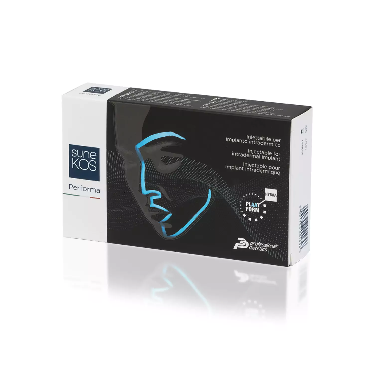 A rectangular box labeled "SUNEKOS® PERFORMA." The box features a stylized profile of a face in blue outline on a black section, with white background elsewhere. Text in multiple languages indicates it is for injectable use. The "Professional Products" logo is visible.