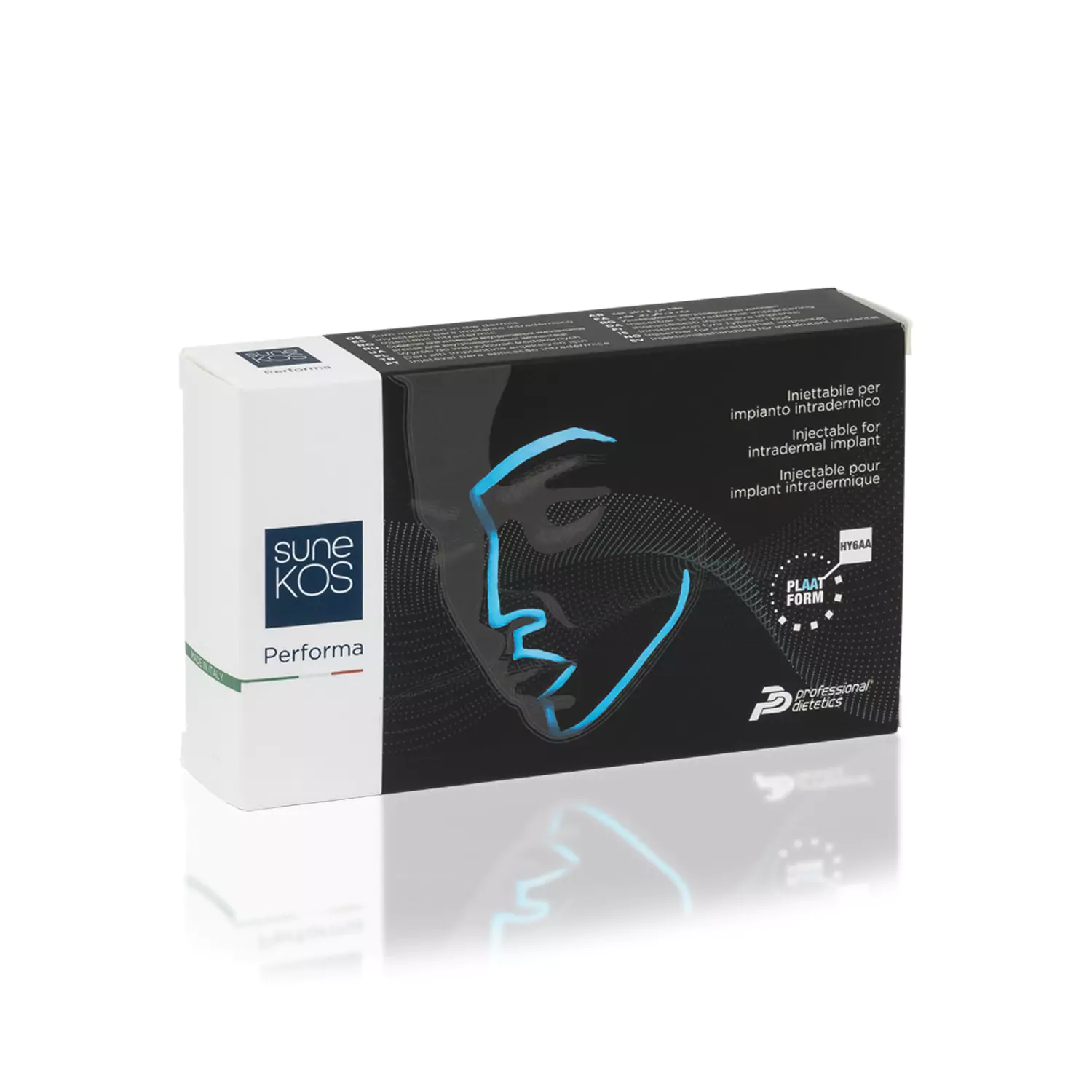 A white and black rectangular box labeled "SUNEKOS® PERFORMA" with an illustration of a face in blue outline. The box features additional text in multiple languages and a logo stating "Precision Geometric." The box has a reflective surface beneath it.