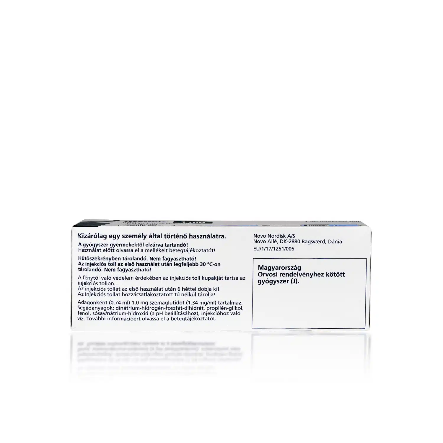 A white OZEMPIC® 1mg (Hungarian) box with text in Hungarian including dosage and usage instructions. The manufacturer's information, including name, address, and product code, is present at the bottom of the box.