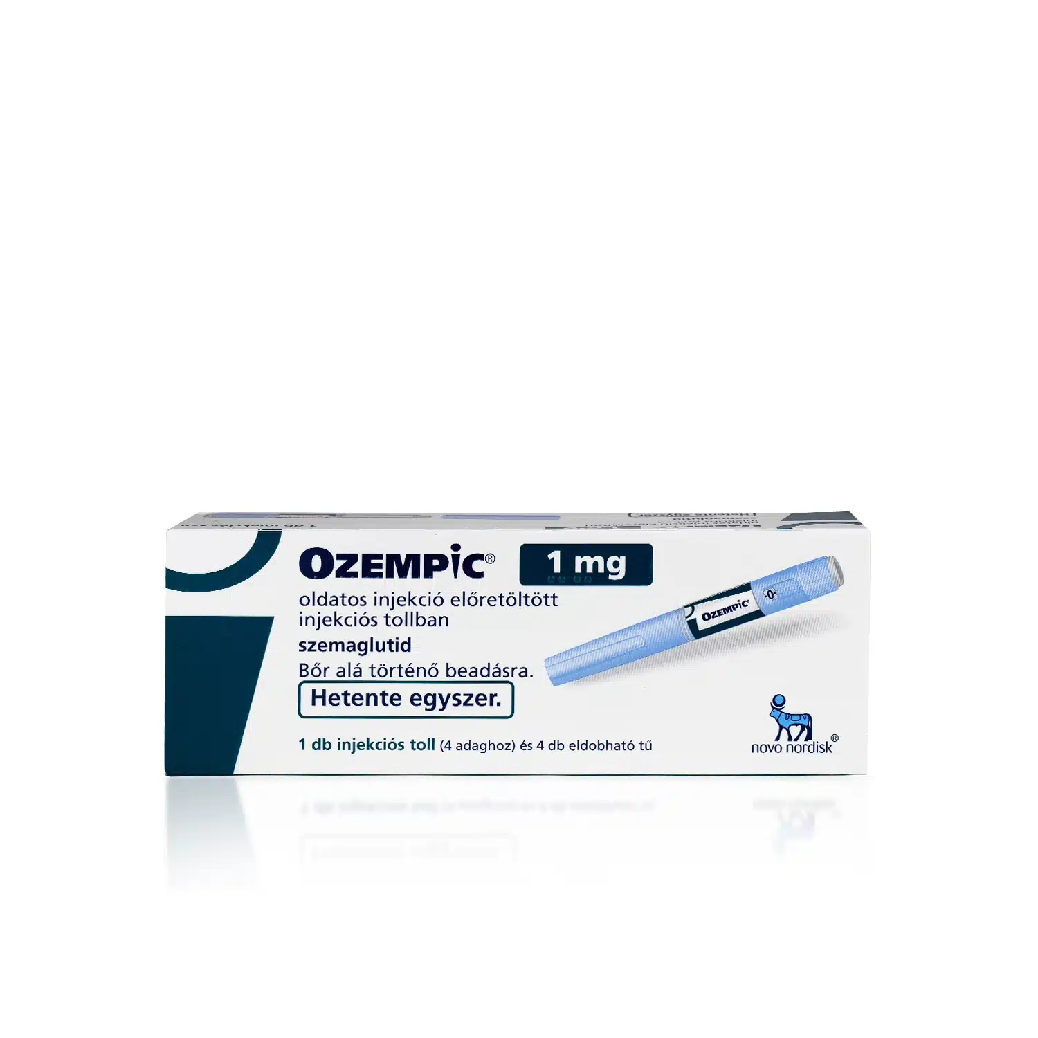 The image shows a box of OZEMPIC® 1mg (Hungarian) injection. The box is white with blue and green accents. It contains a pre-filled injection pen labeled 1 mg for subcutaneous use. The text appears in both Hungarian and English. The Novo Nordisk logo is visible on the bottom right.