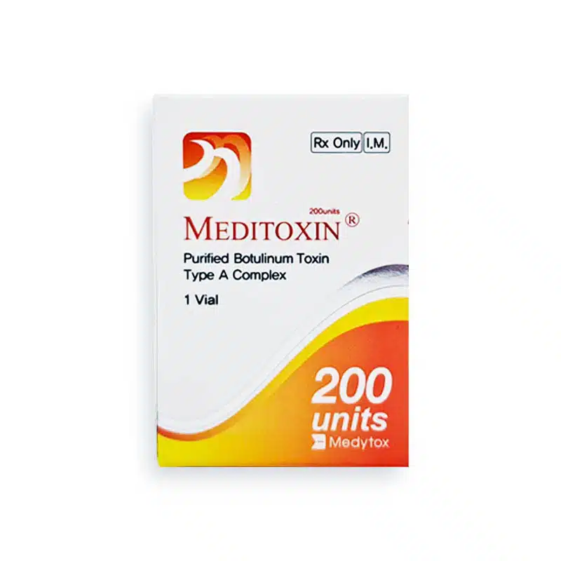 A white rectangular box labeled "MEDITOXIN® 200u" containing purified botulinum toxin type A complex, 200 units. The box has gradient colors of yellow, orange, and red at the bottom and sides. Text at the top reads "Rx Only I.M." One vial is indicated.