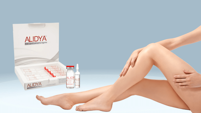 A box labeled "ALIDYA Anti LipoDystrophic Agents" with vials and syringes for alidya injections is displayed on the left. To the right, a woman sits with her smooth, crossed legs extending in the foreground against a gradient blue background.