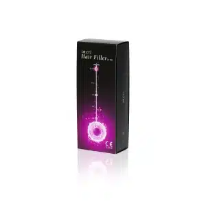 A black rectangular box for "DR. CYJ HAIR FILLER 2x1ml" on a white background. The front of the box features a gradient purple-pink graphic with concentric circles and sparkles, resembling a follicle. CE mark and text detailing the product are also visible.