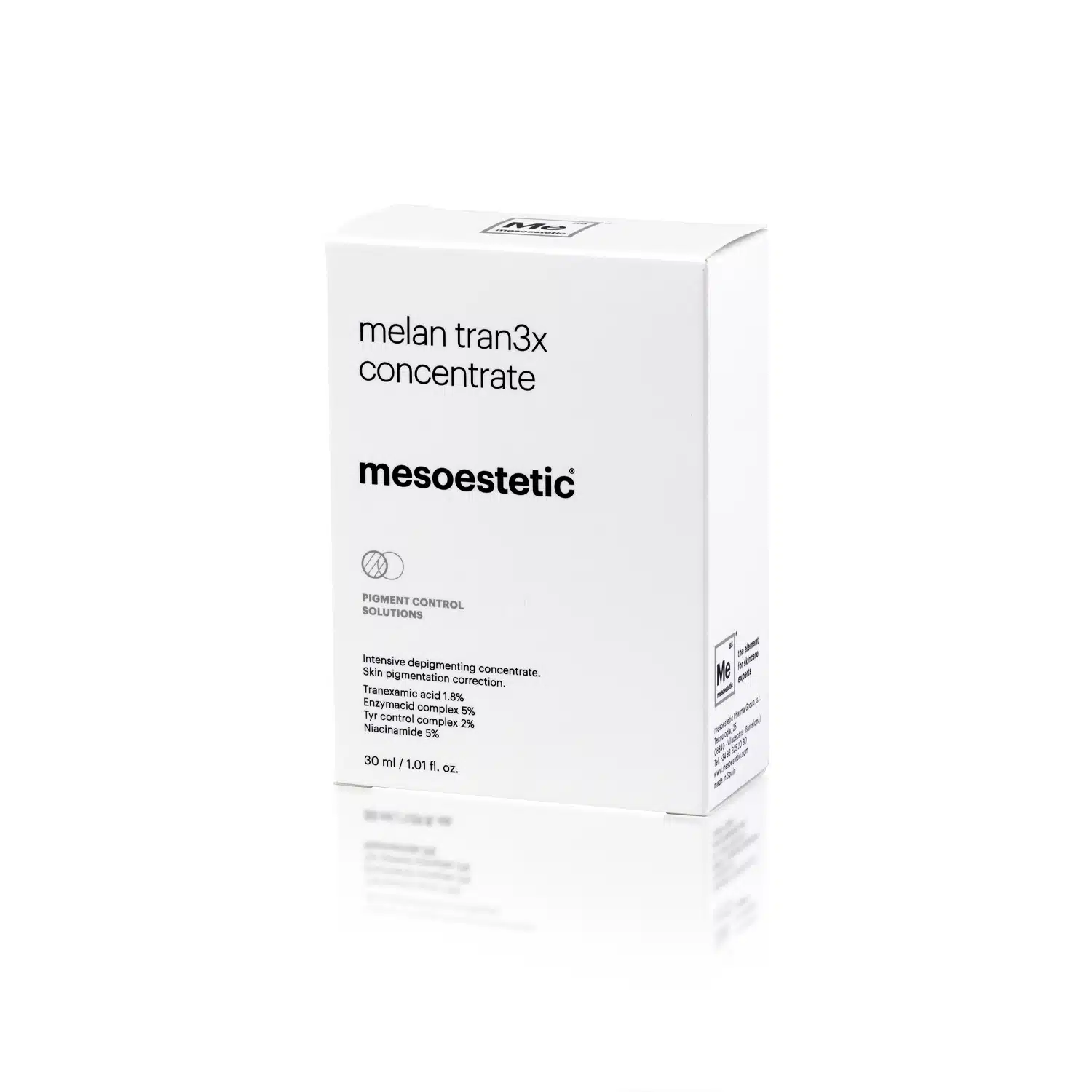 A white box of MESOESTETIC® MELAN TRAN3X CONCENTRATE. The box is cleanly designed with black text detailing the product's name and usage information. The front of the box highlights it as a pigment control solution in a 30 ml (1.01 fl. oz) bottle.