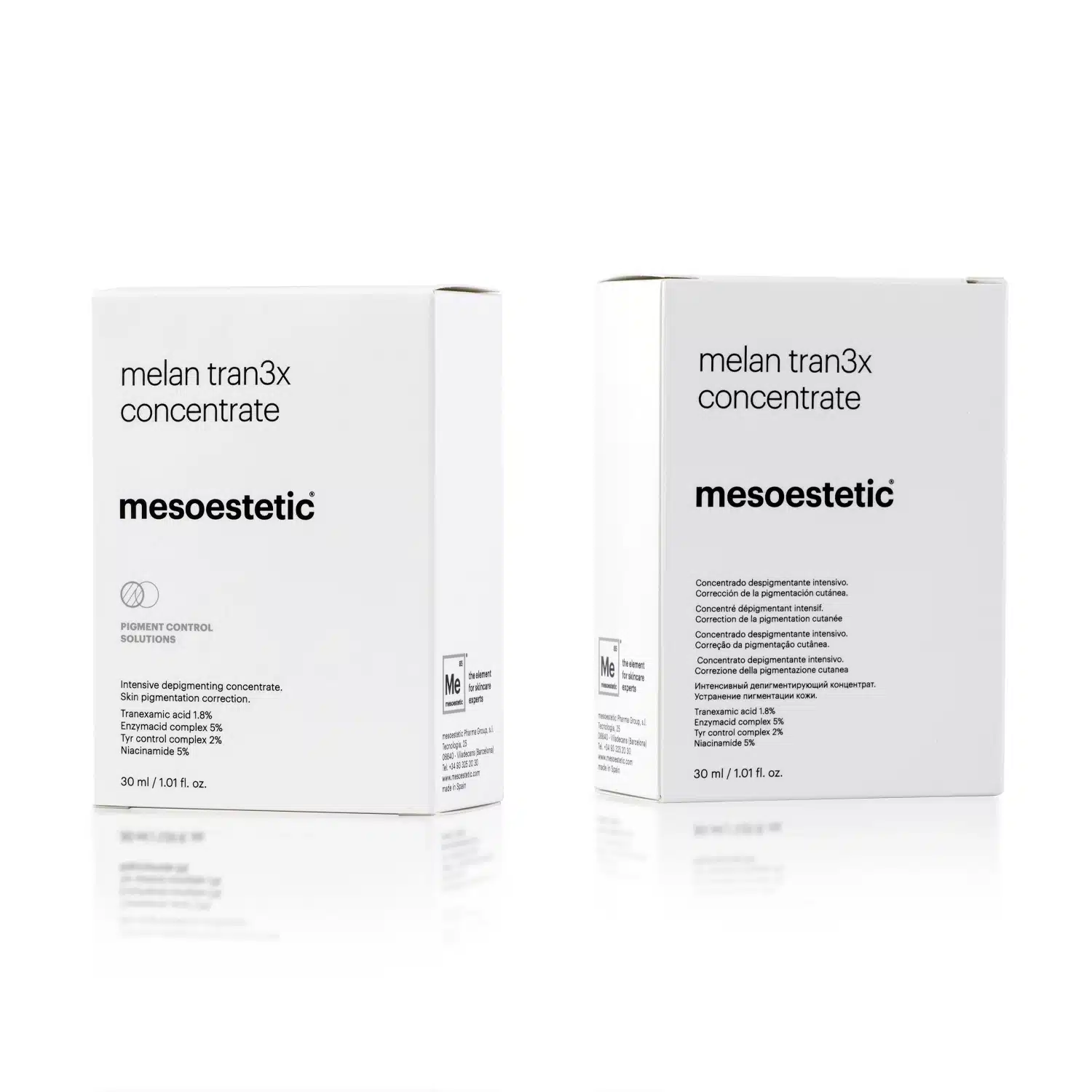 Two white boxes of MESOESTETIC® MELAN TRAN3X CONCENTRATE are displayed. The front of the boxes feature the product name and a brief description in black text, with the product volume (30 mL / 1.01 fl. oz.) indicated at the bottom.