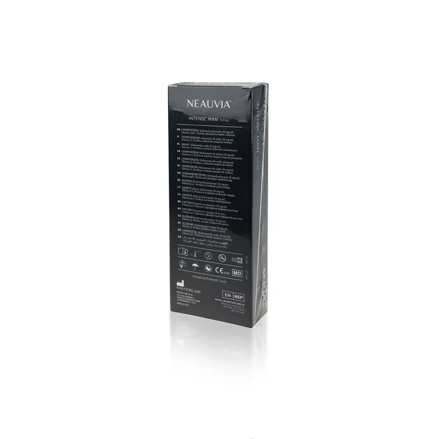 A black rectangular product box standing on its bottom edge, labeled "NEAUVIA™ ORGANIC INTENSE MAN" at the top. The box features detailed product information and various icons in white text covering the majority of its visible surface.