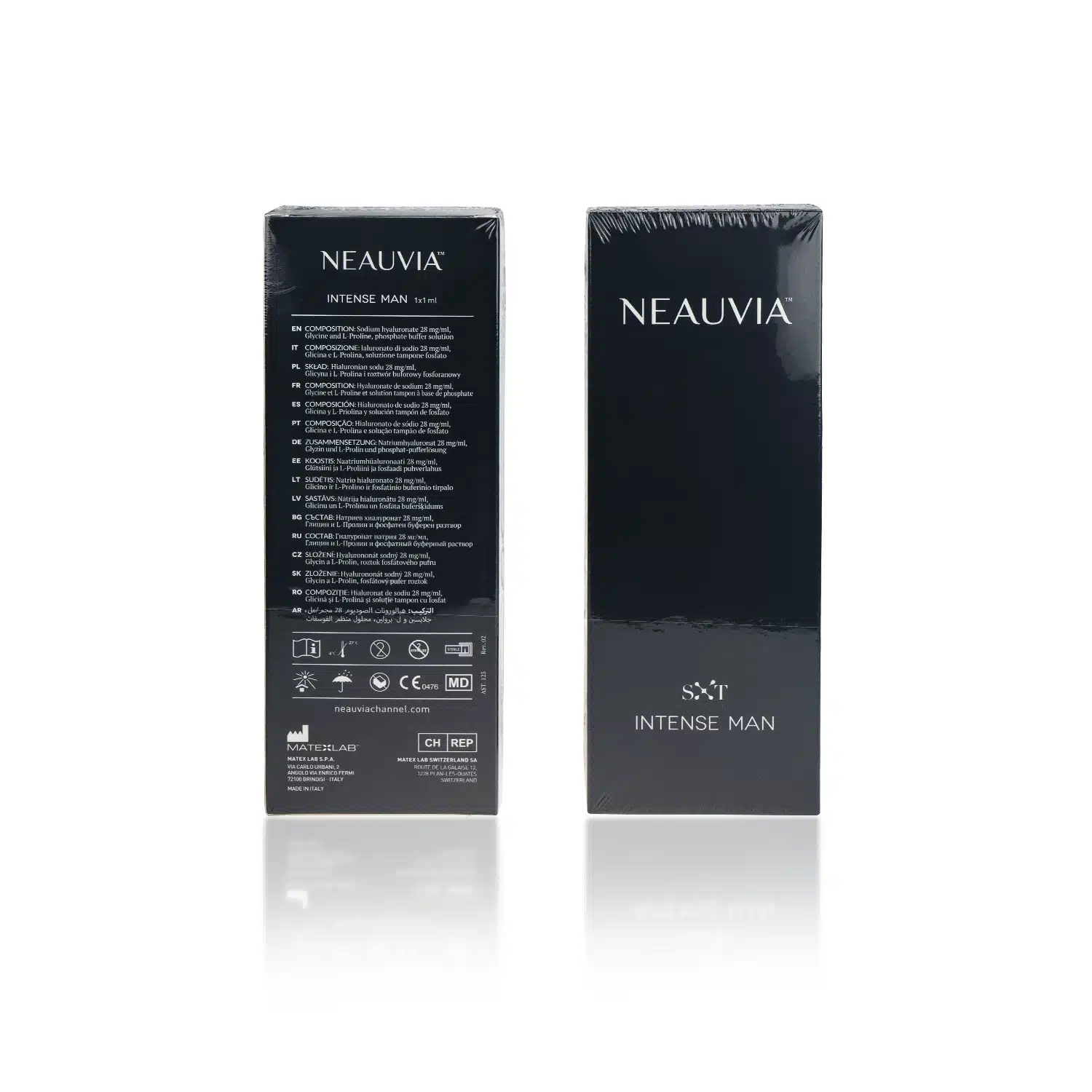 Two black boxes of NEAUVIA™ ORGANIC INTENSE MAN filler standing side by side. The box on the left shows the product details, ingredients, and usage instructions in white text, while the box on the right displays just the Neauvia logo and product name.