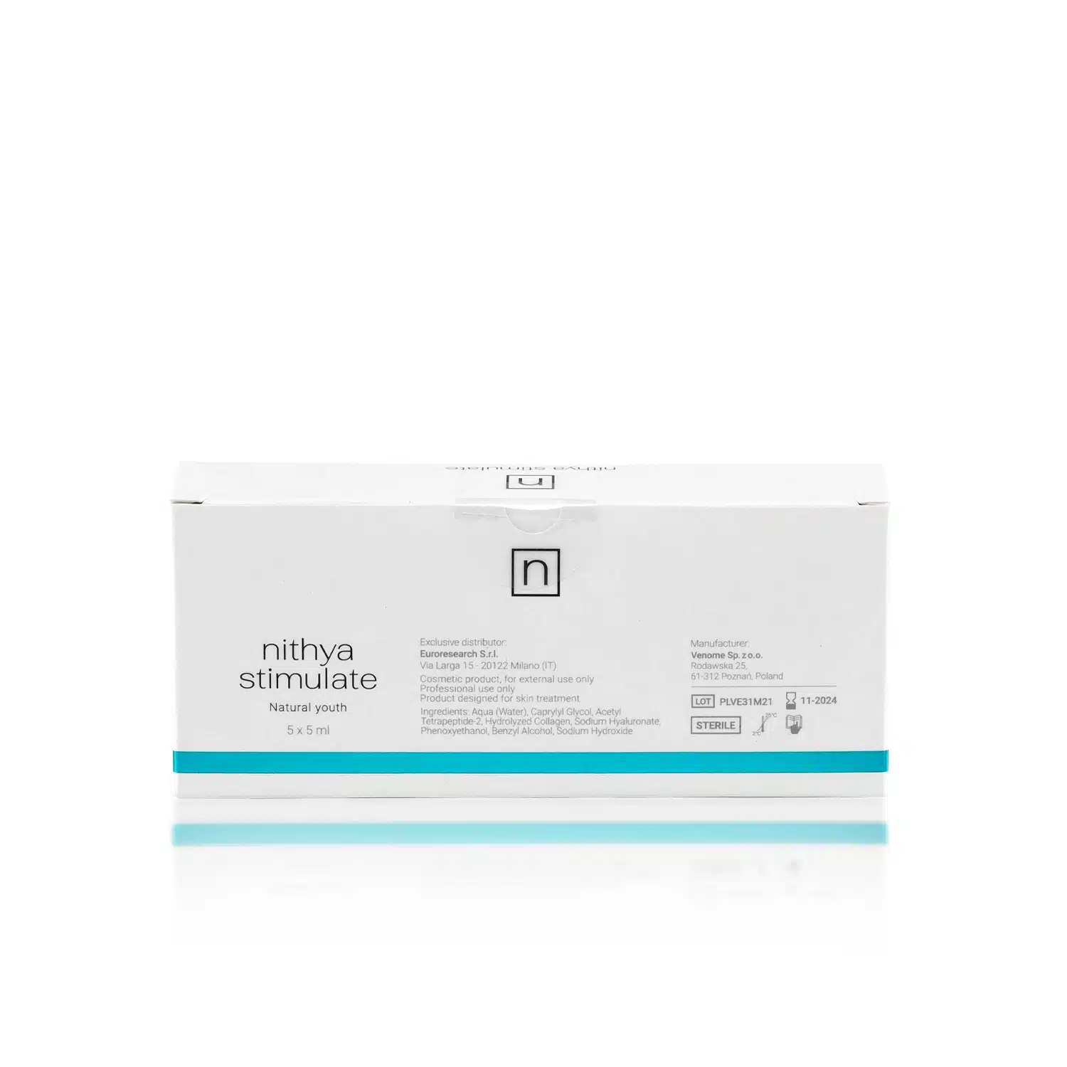 The image shows a white rectangular box labeled "NITHYA STIMULATE" with a teal strip at the bottom. The packaging mentions exclusive distributor information, product components, and manufacturing details.