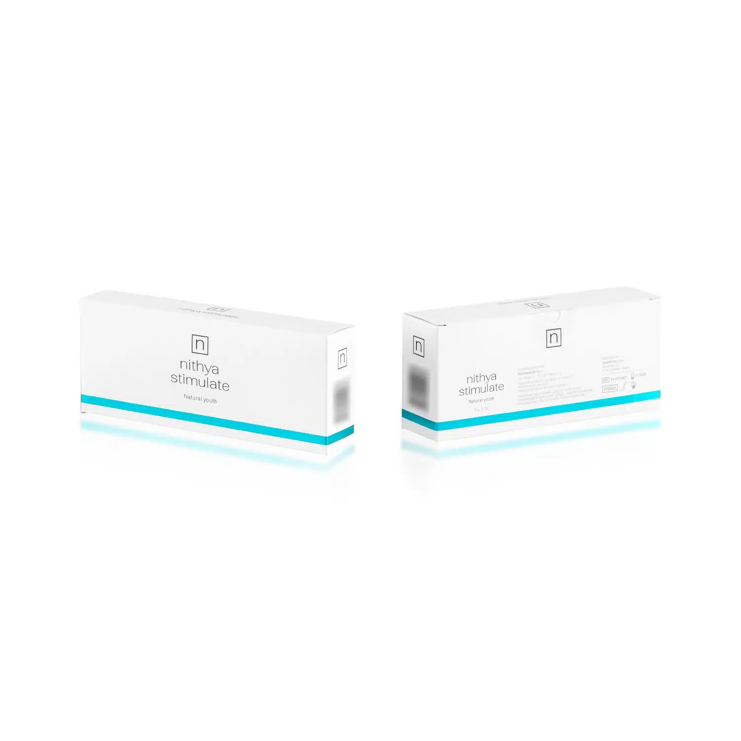 Two rectangular boxes of NITHYA STIMULATE are displayed against a white background. The boxes are white with blue accents and feature the product name and logo on the front. The image shows both the front and back views of the packaging.