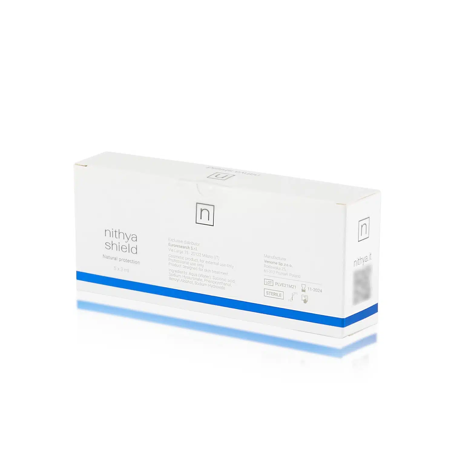 A white box with blue accents displaying the text "NITHYA SHIELD" and "Natural protection" on it. The box has detailed information in small print and a minimalistic design with a logo featuring the letter 'n' in a square.