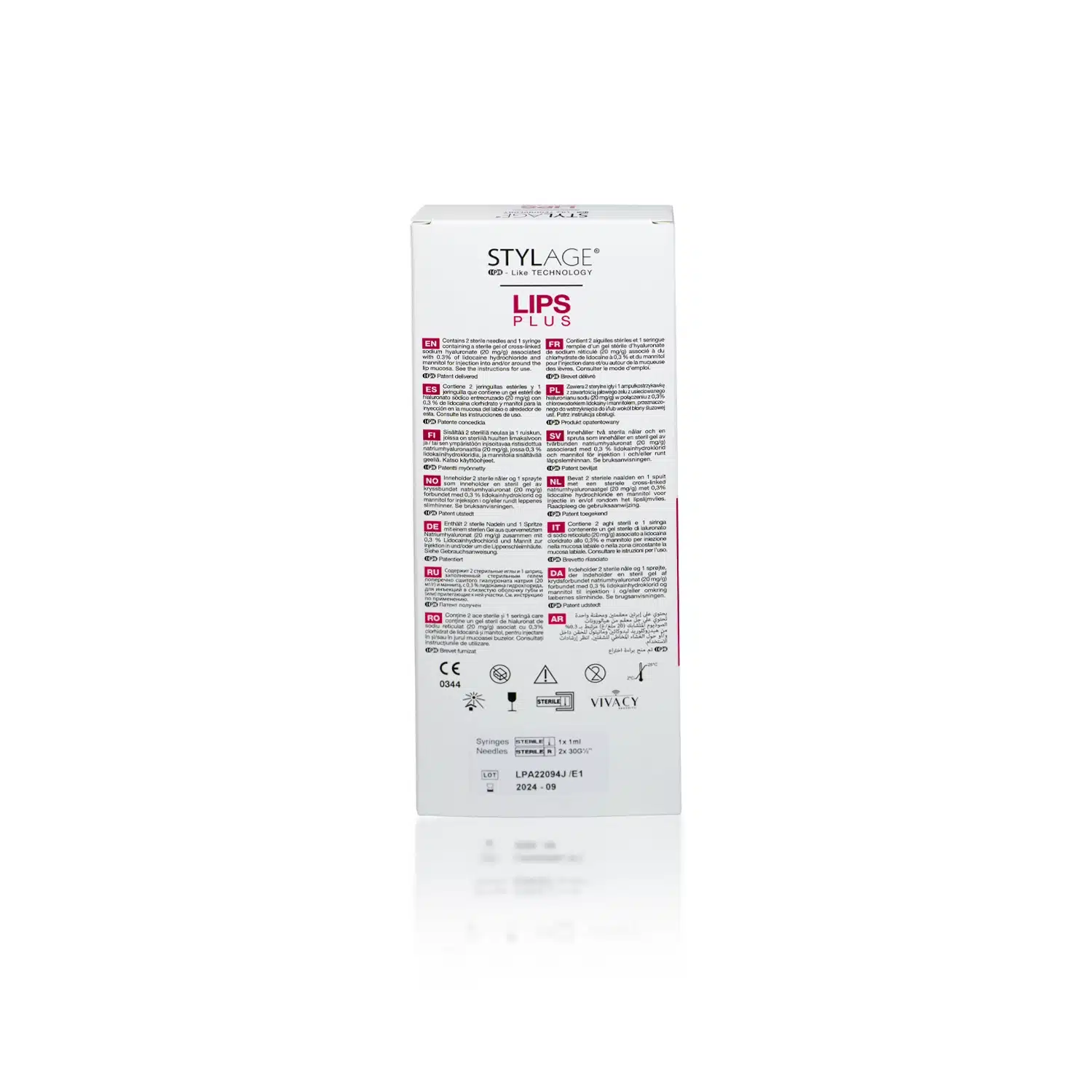 A product box with text in multiple languages. The box is predominantly white with pink and black text. The brand name "STYLAGE" and the product name "STYLAGE® LIPS PLUS BI-SOFT® with Lidocaine" are visible at the top, with various instructions or information listed below.