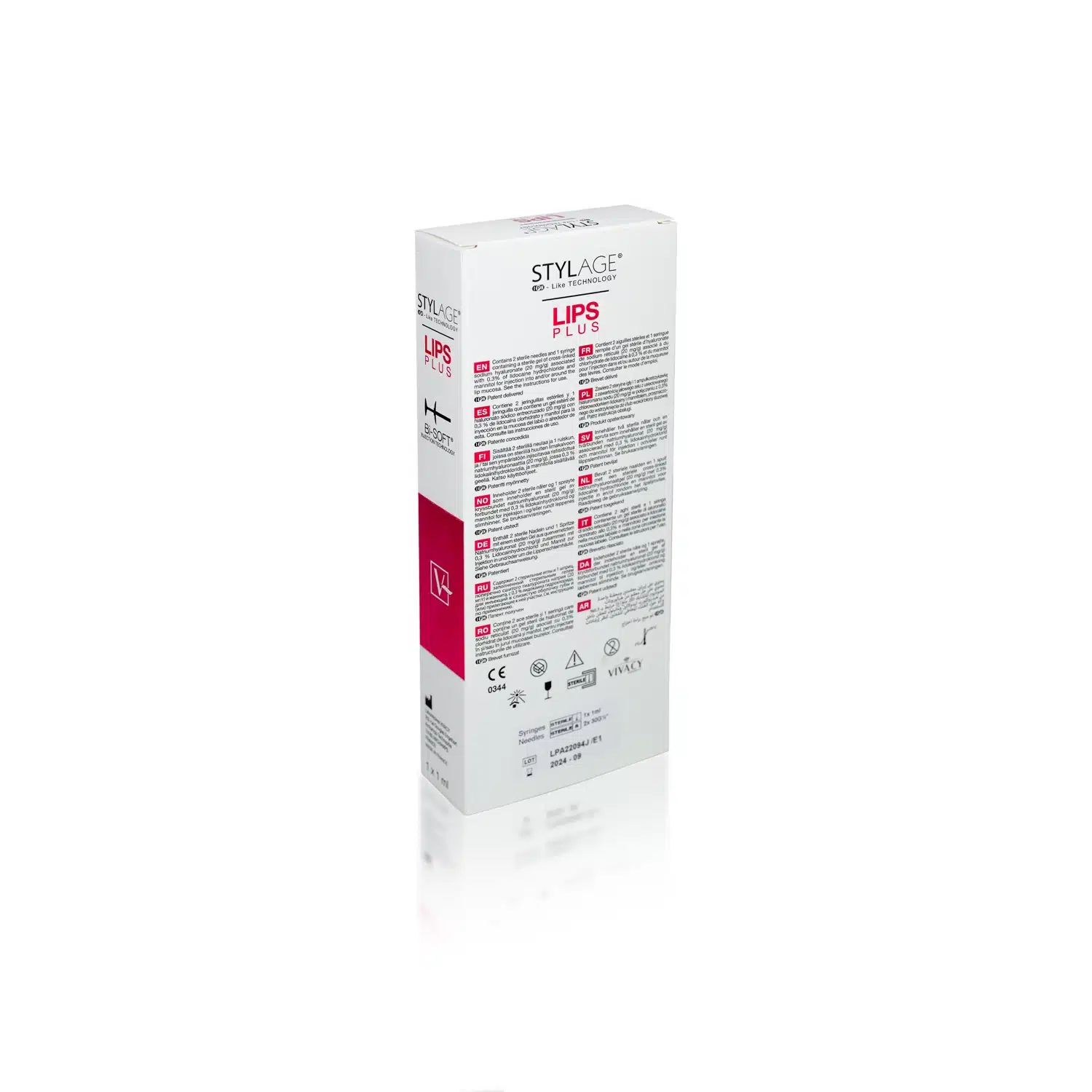 Image of a white and pink box labeled "STYLAGE® LIPS PLUS BI-SOFT® with Lidocaine." The packaging features various text blocks and symbols indicating usage, precautions, and certifications. The product appears to be related to lip enhancement or cosmetic treatment.