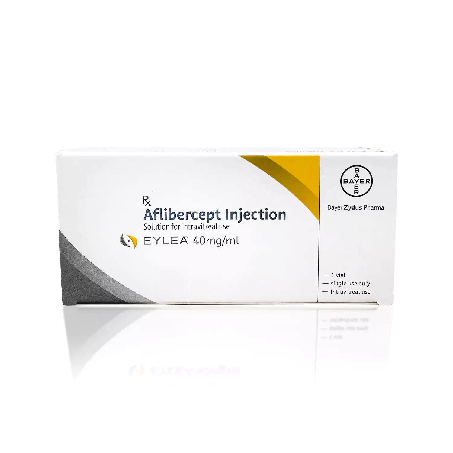 A white rectangular medicine box labeled "EYLEA® Injection Solution for Intravitreal use, Eylea 40mg/ml." The box also displays the Bayer Zydus Pharma logo and indicates it contains one vial for single use only, for intravitreal use.