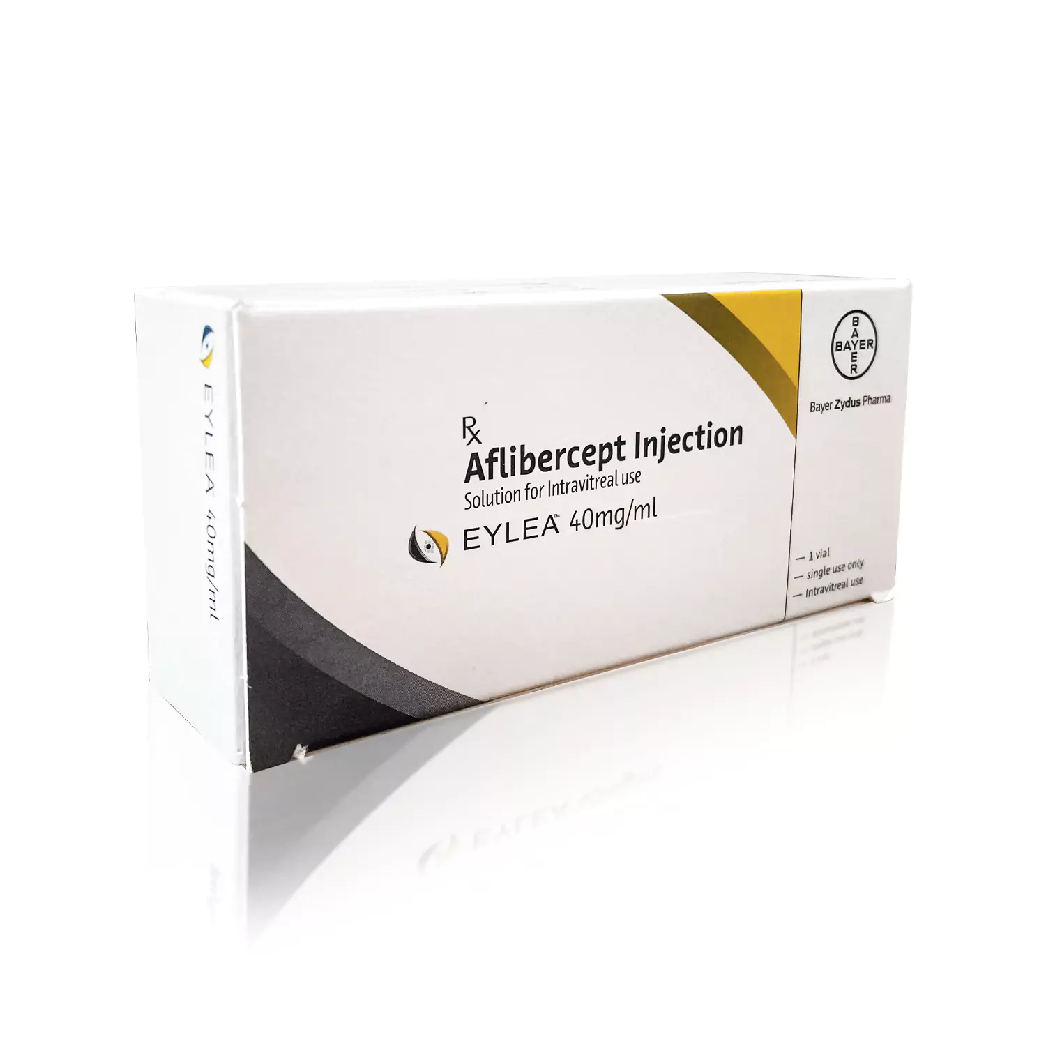 Box of EYLEA® (Eylea 40mg/ml) for intravitreal use, by Bayer Zydus Pharma. The white box features a black and yellow design with text indicating the product name, dosage, and manufacturing company.