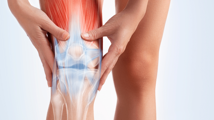 The image depicts a person holding their knee joint, with an overlay of anatomical illustrations highlighting the ligaments and muscles of the knee. The visual emphasizes the internal structure and function of the knee joint.