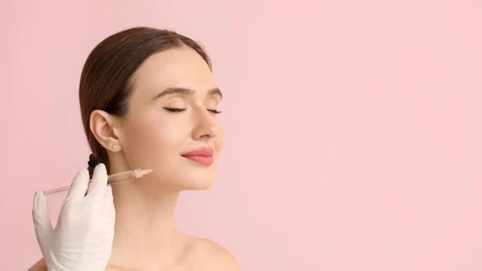 A woman with closed eyes is receiving a facial injection from a gloved hand holding a syringe. She seems relaxed and is smiling slightly against a plain pink background. The woman has light skin, brown hair, and is facing the camera with her head turned slightly to the left.