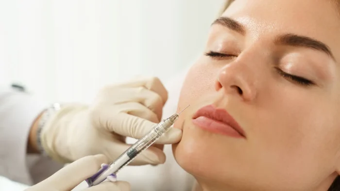 A person with closed eyes receives a cosmetic injection in the cheek by a professional wearing white gloves. The scene suggests a medical or cosmetic procedure in progress.