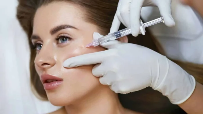 A person receiving a cosmetic injection in the cheek area. Gloved hands are gently pressing the skin as a syringe is applied. The individual has long brown hair and light makeup, lying down during the procedure.