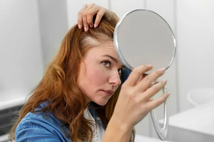 A person with long red hair examines their scalp and hairline in a handheld mirror. They are pulling back their hair with one hand while holding the mirror in the other. The background is a bright, modern bathroom.