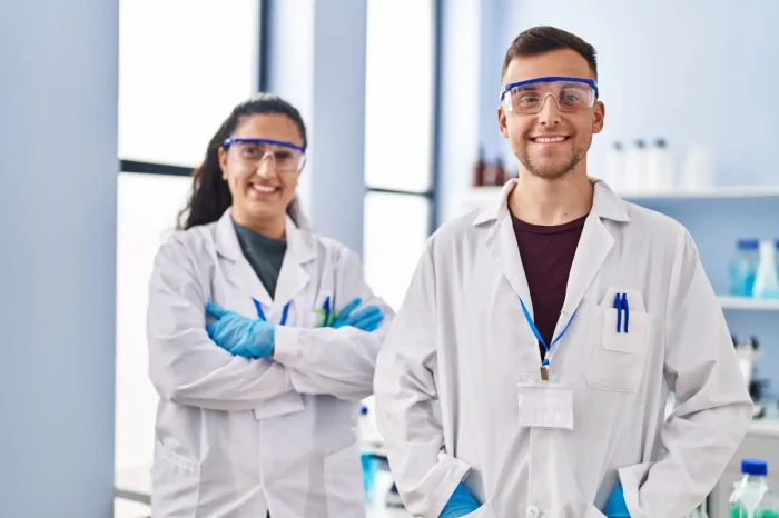 Two scientists wearing safety goggles, lab coats, and gloves stand in a bright laboratory, smiling at the camera. The woman has her arms crossed while the man stands in front with his hands at his sides.