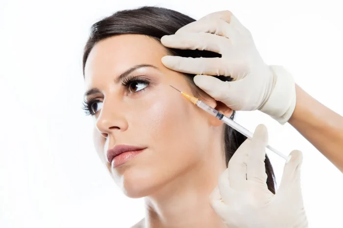 A woman receives a cosmetic injection in her face from a gloved medical professional, with one hand steadying her forehead and the other holding a syringe near her temple.