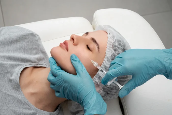 A person lies with eyes closed on a white medical chair, wearing a hair cap, while a gloved professional injects a syringe into the cheek area for a cosmetic or medical procedure.